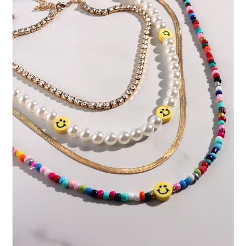 New Multi layer Lovely Smiley Pearl Beaded Tennis Chain Choker Necklace Women Acrylic Heart Fruit Rainbow Beads String Necklaces