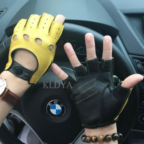 Spring Mens Genuine Leather Gloves Driving Unlined Goatskin Half Finger Gloves Fingerless Gym Fitness Gloves Mittens New Arrival