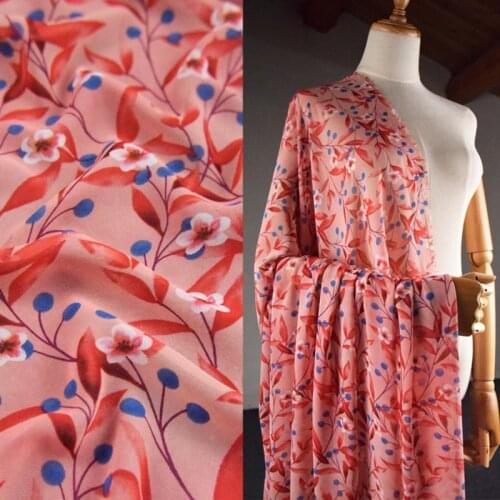 Half Meter Dark Pink Flower Blue Berry Print Chiffon Fabric For Dress Cheongsam Girl Garment Soft Thin Transparent T1642