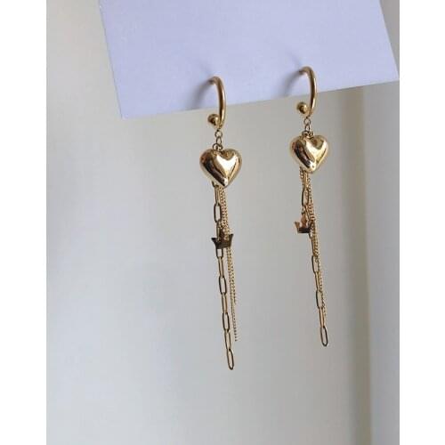 2021 Love Heart Tassel Crown Long Hanging Stud Earrings for Women Stainless Steel Earrings 18k Gold Fashion Jewelry for Women