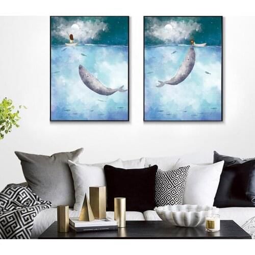 Modern Cartoon Whales with Little Girl in Sea Posters Prints Canvas Painting Wall Picture For Kids room Living Room Home Decor