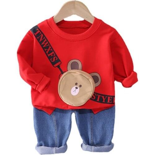 Spring Autumn Boys Set for Girls 2021 New Cute Cartoon Bear Bag Pullover+Denim Pant/2Pcs Baby Sport Suits Children Clothing 0-5y