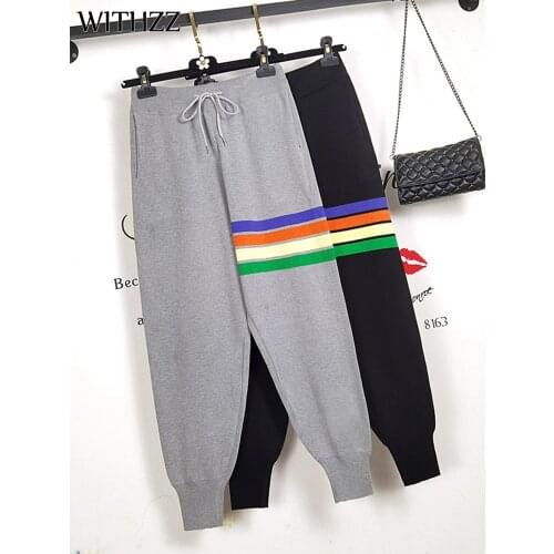WITHZZ Women Spring Autumn Comfortable Rainbow Stripes High Waist Trousers Loose Female Sports Casual Knitted Harem Pants