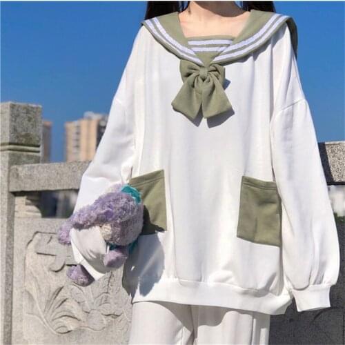 Japanese Sweet Pink White JK Student Women Sweatshirt 2020 Autumn Kawaii Rabbit Ears Pocket Sailor Collar Full Sleeve Lady Shirt