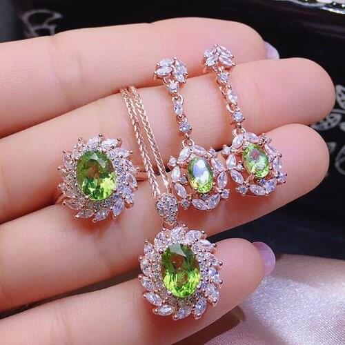 Green Crystal Zircon Diamond Gemstones Pendant Necklaces Rings Drop Earrings Jewelry Set for Women White Gold Color Party Gifts