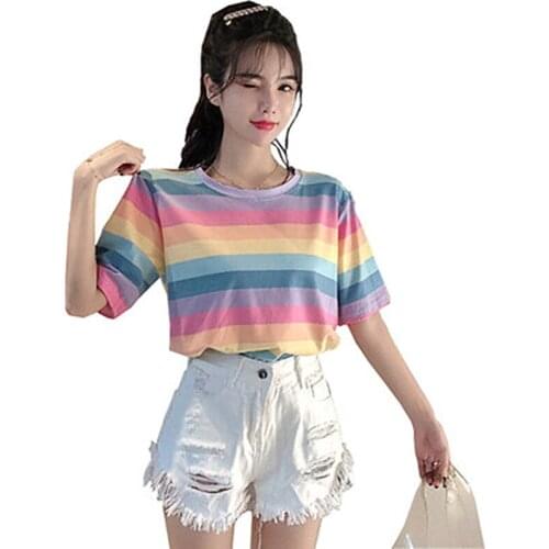 Summer Polyester Womens T-Shirt Round Collar Short Sleeve Pullover Rainbow Striped Loose Joker Fashion Casual T-Shirt