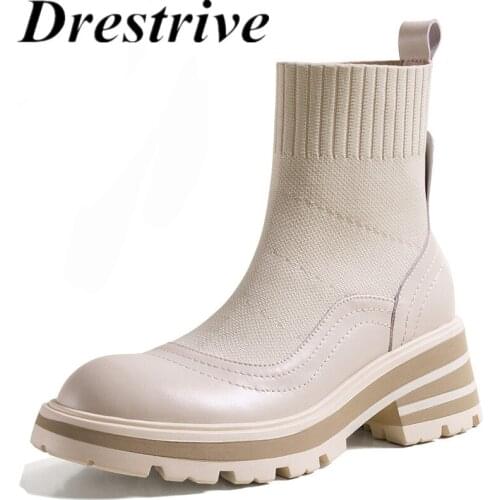 Drestrive Women Ankle Boots Patchwork Round Toe Platform Cow Leather Thick Mid Heels 2021 Autumn Shoes Non Slip Knitting
