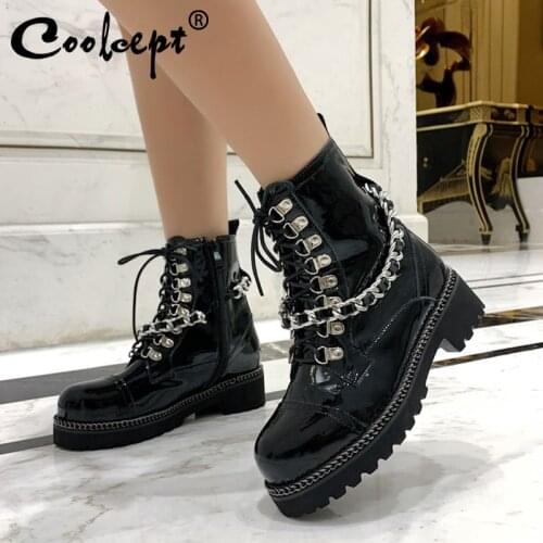 Coolcept Women Boots Genuine Leather Punk Winter Flats Shoes Women Metal Chain Rivets Zip Gothic Woman Botas Footwear Size 34-41