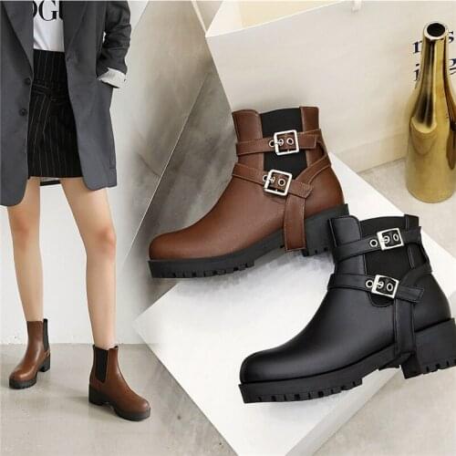 YQBTDL 2020 Autumn Winter Woman Shoes Block Chunky High Heels Black Brown Booties Buckle Strap Design Gothic Ankle Boots Female