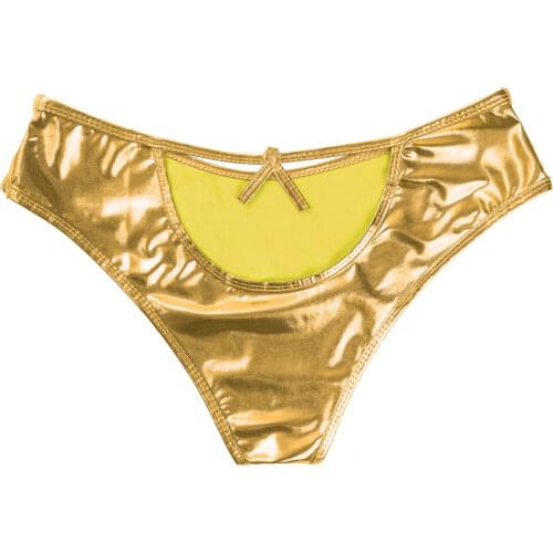 Women Ladies Metallic Exotic Panties High Waist Briefs Shiny Hollow Out Back Panties Nightclub Dance Rave Stage Show Bottoms