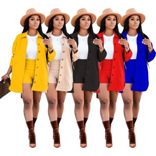 Casual Fashion Women Clothing Sets Fall Autumn 2 Pcs Tracksuit Long Sleeve Button Coat + Mini Biker Shorts Office Lady Outfits