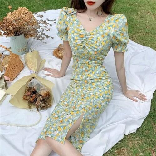 Summer Women Dresses Sexy V Neck Floral Print Boho Beach Dress Ruffle Short Sleeve A Line Split Casual Dress Wrap Sundress Robe