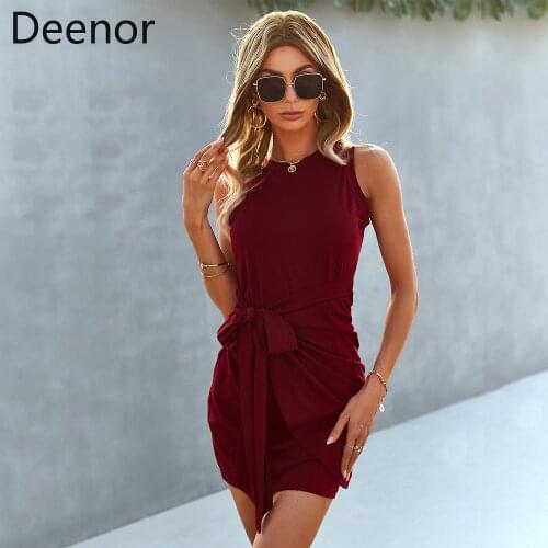 Deenor Sexy Womens Bodycon Dress Black Sleeveless Bow-Knot Waist Vest Mini Dresses for Women 2021 Summer Party Club Vestidos