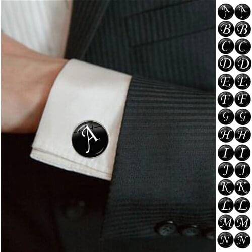 2021 Mens Fashion A-Z Alphabet Cufflinks Glass Cabochon Letter Cuff Button for Male Gentleman Shirt Wedding Cuff Links Gift