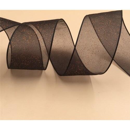 38MM X 25 Yards Black Organza Wire Edge Sparkling Golden Glitter Ribbon for Birthday Decoration Gift Wrapping 1-1/2"