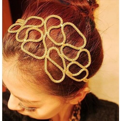 60pcs/lot DIY Simple Golden Alloy Pierced Knitting Head Band Chain HeadBands Hair Styling Tools Accessory HA1202