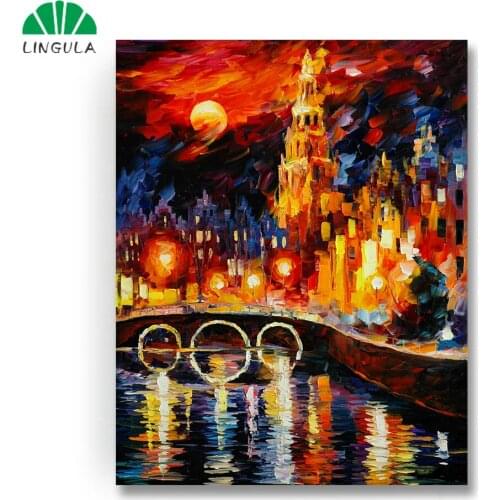 Abstract Oil Painting on Canvas Cityscape Night Scene Bridge Posters and Prints Wall Pictures for Living Room Decoration Maison