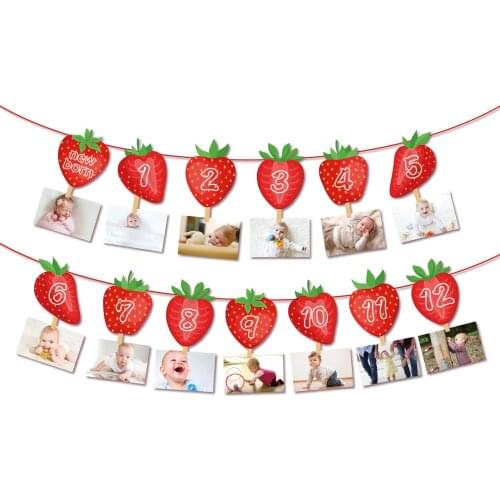BA279 Sweet One Strawberry Birthday Party Theme Paper Hanging Banner Bunting Fruit Photo Display Banner for Baby Shower Party