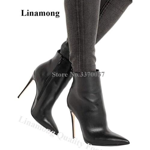 Linamong Brand Design Pointed Toe Stiletto Heel Short Boots Black Red Side Zipper-up High Heel Ankle Booties Formal Dress Shoes