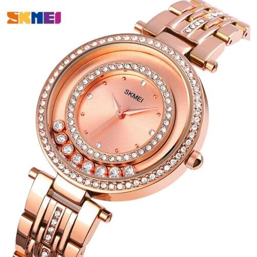 Rose gold quartz womens watches skmei top luxury rhinestone analog wristwatches fashion stainless ladies new elegant watch 1740