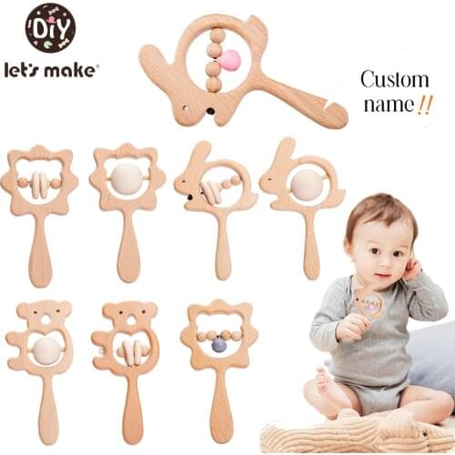 Lets Make Wooden Rattle Beech Bear Hand Teething Wooden Ring Baby Rabbit Rattles Play Gym Montessori Custom Educational DIY Toy