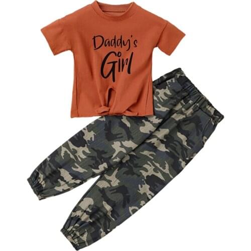 2-8 Years Childrens Sets Girls Summer Print T-shirt + Camouflage Pants Girls Clothing Set Kids Baby Daily Casual Clothing