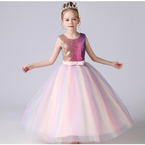 3-12 year old girl birthday bow bone belt stitching color long skirt girl sleeveless sequins dress