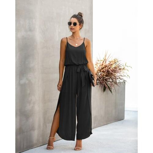 Hot Sale new summer street fashion V-neck suspender pants side irregular womens jumpsuit