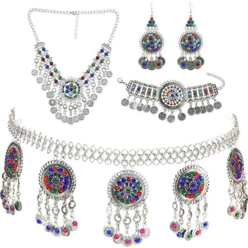 Gypsy Afghan Silver Color Coin Tassel Necklace Jhumka Earrings Bracelet Waist Belly Dance Chain Sets Boho Turkish Indian Jewelry