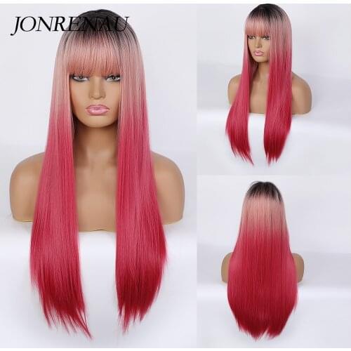 Jonrenau Synthetic Long Straight Brown Root Ombre Pink Wigs with Bangs Cosplay wig for White Black Women Heat Resistant Fibre