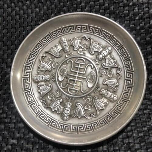 China Elaboration Old Tibet Silver Engrave Propitious Dish Metal Crafts Home Decoration