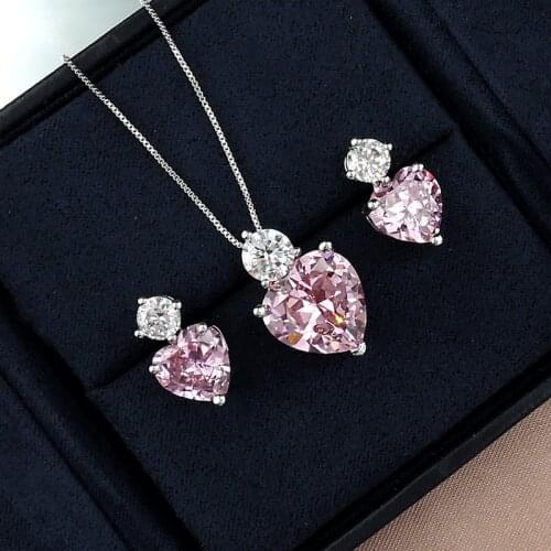 Colorful Gemstone Pink Diamond Love Heart Pendant Love Heart Necklace Earrings Jewelry Set Mothers Day Gift Womens Charm Jewel