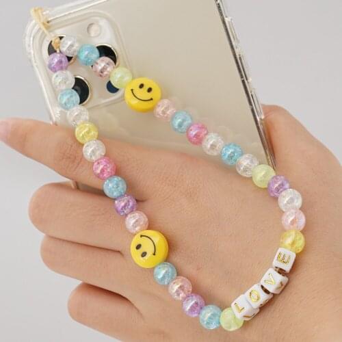 Colorful Acrylic Wrist Chain Bead Smile geometrica Mobile Phone Chain CellPhone Strap Anti-Lost Lanyard For Women Jewelry 2021