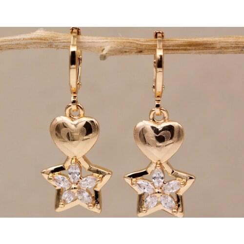 Cute Romantic Heart Gold Copper Earrings White Stone Dangle Drop Star Earring For Women Girls Fashion Jewelry Accessories Gift