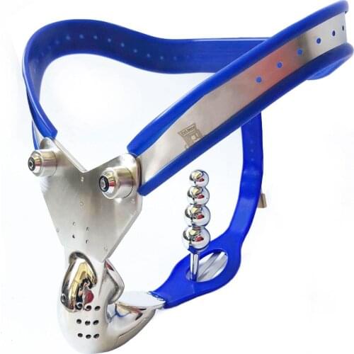 Stainless Steel Blue Silicone Male Chastity Belt Anal Plug Panties Penis Lock Metal Cock Cages Chastity Devices Cbt Sex Toys