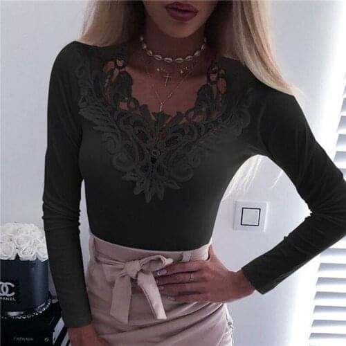 2020 Newest Hot Womens Blouse Sexy White Lace Patchwork V Neck Long Sleeve Shirt Ladies Casual Slim Blouse Blusa De Mujer