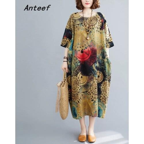 Short sleeve cotton linen vintage floral dresses for women casual loose long summer dress elegant clothes 2021