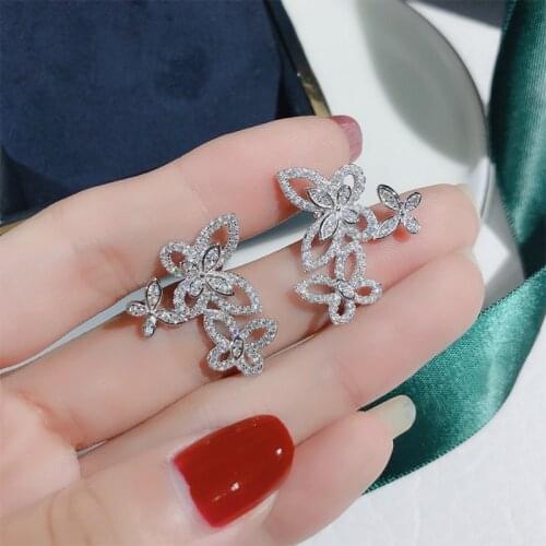 Luxury Full Crystal Butterfly Stud Earring for Women New Trendy Silver Color With AAAAA Cubic Zircon Brand Bridal Party Earrings