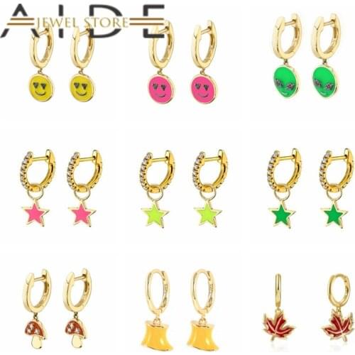 Aide 925 Sterling Silver Enamel Huggie Earring Cartoon Smile Face Hoop Earrings for Women Zircon Neon Star Pendientes Brincos