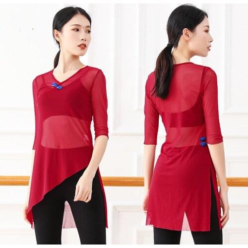 Water Yarn Classical Dance Clothing Dancer Practice Blouse Adult Folk Dance Tops Transparent Long Sleeve Shirt With Chinese Frog