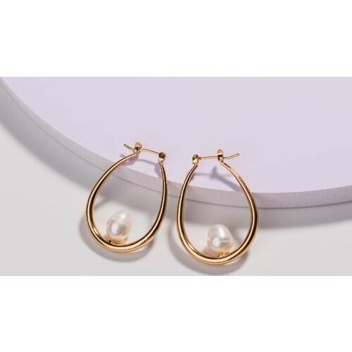WTLTC Simple Single Small Pearls Hoop Earrings for Women Minimalist Oval Circle Earrings Statement Big Earrings Hoops Jewelry