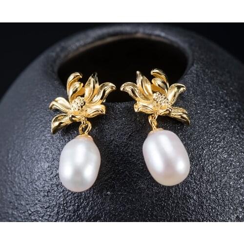 VLA 925 Silver Chinese Style Retro Lotus Earrings For Womens Simple Temperament Elegant Natural Pearl Earrings