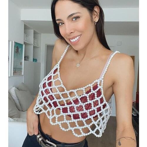 Ins Sexy Hollow Out Pearl Vest Top Women Handmade Pearl Weaving Tank Top Camis Summer Beach Bikini Crops Cover Top Body Jewelry