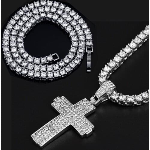 Women Cross Necklace Men Hip Hop Cross Pendant Necklace with 4mm Zircon Tennis Chain Iced out Bling Necklaces HipHop Jewelry A