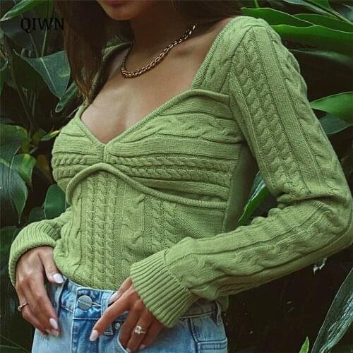 Autumn Winter Knitted Green Sweaters for Women V-Neck Long Sleeve Top Pullovers Streetwear Sexy Sweater Oversized