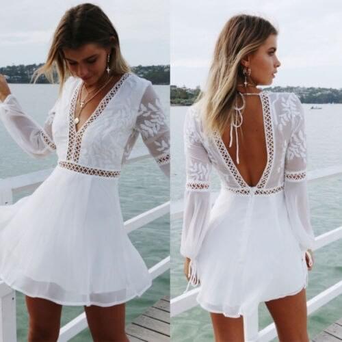 Summer Fashion Women White Trim Short Mini Dress Vestido Sundress New Casual Sexy V-Neck Long Sleeve Lace Dresses