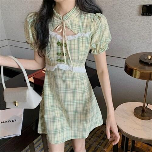 Retro Chinese Style Lolita Dress Sweet Girls Cute Slim Summer Elegant Lady Mini Dress Vintage Cheongsams Ruffles Plaid Dresses