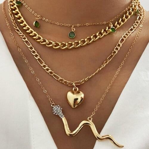 Gothtic Gold Multilayer Snake Heart Necklace For Women Bohemian Animal Green Beads Chain Necklaces 2021 Trend Jewelry