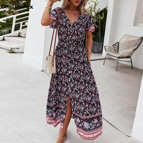 OneLineFox Boho Retro Floral Maxi Dress Women Short Sleeve V Neck Tunic A-Line Vintage Printed High Waist Beach Summer Dress
