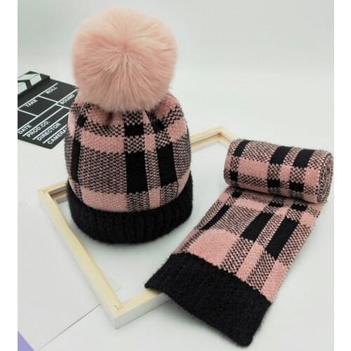 Winter plaid knit hat kids scarf set fleece thick beanie scarf for girls boys 2-8years